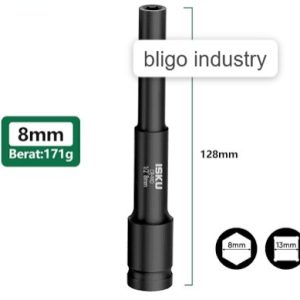isku mata sok impact extra panjang 128mm super long kunci shock hitam deep socket 1/2 inch 8 10 12 14mm buka baut aki as panjang dalam mesin motor mobil